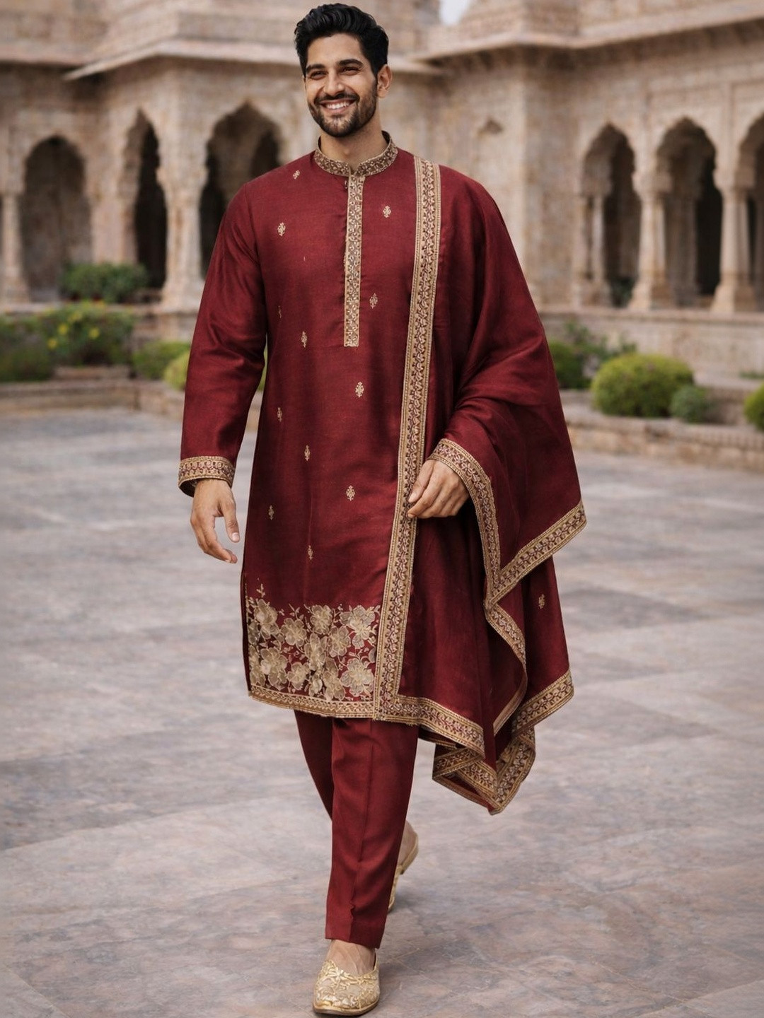 House of Pataudi Embroidered Mandarin Collar Kurta & Pyjamas With Dupatta