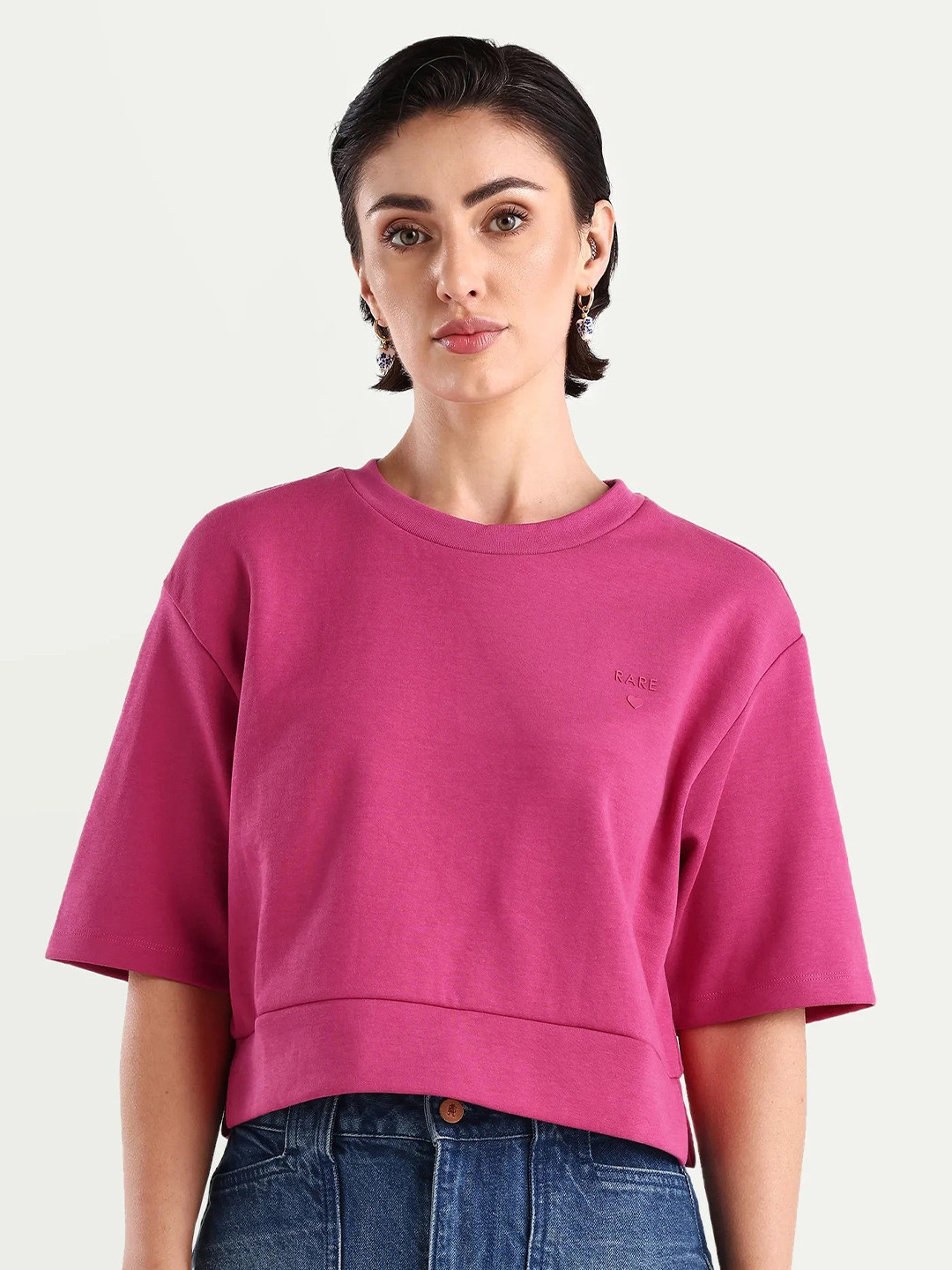 RAREISM Women Pink Plain Regular Fit Half Sleeve Crew Neck T-Shirt
