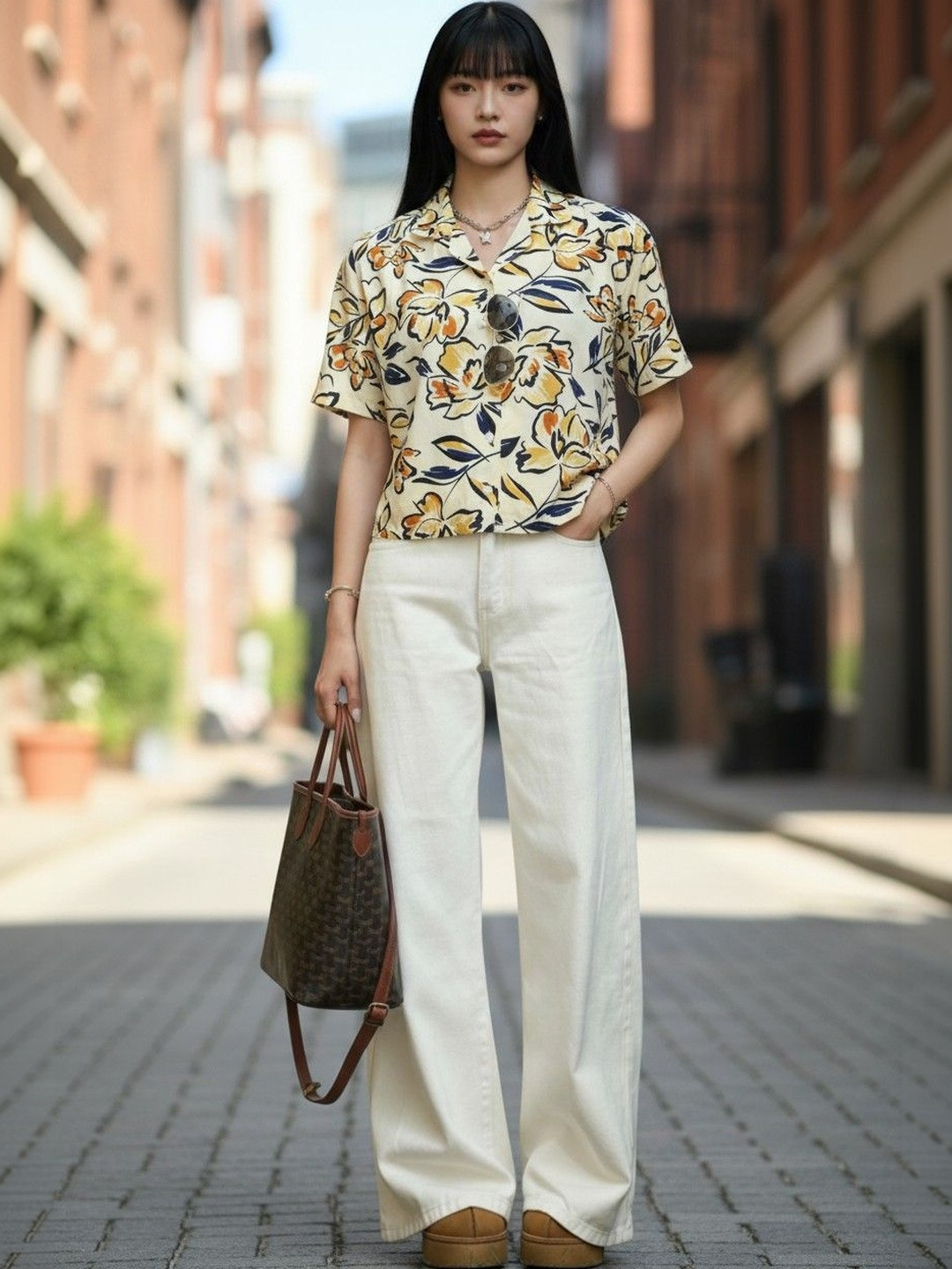 FUBACK Women Classic Floral Printed Casual Shirt