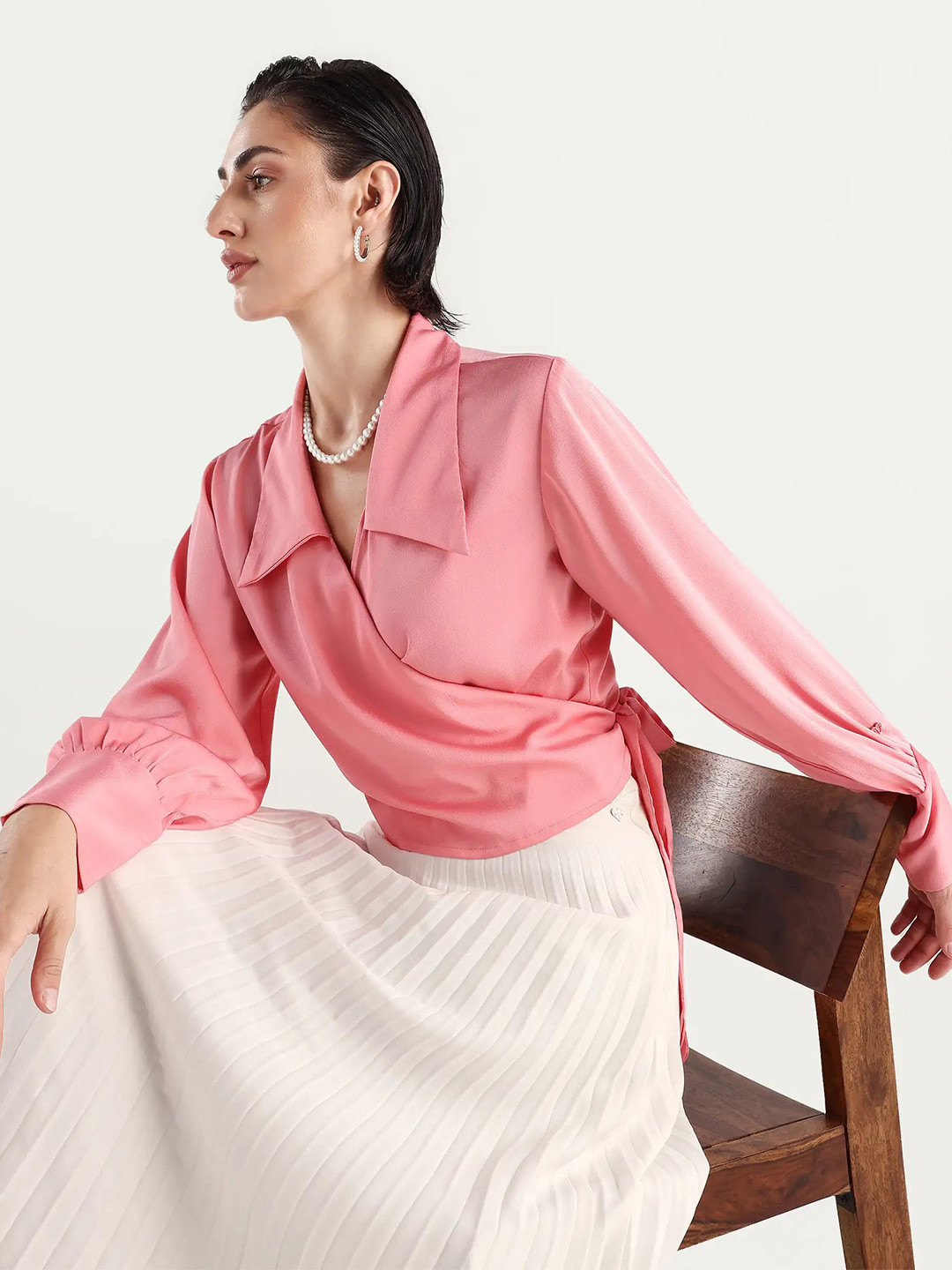 RAREISM Shirt Collar Cuffed Sleeves Wrap Top