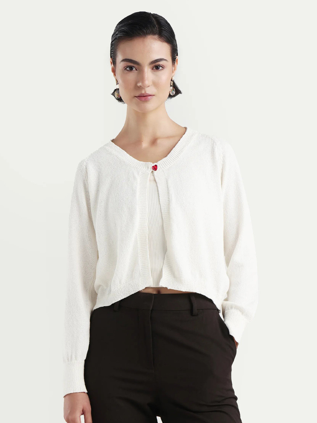 RAREISM Women Beige Plain Regular Fit Full Sleeve Crew Neck Shrug