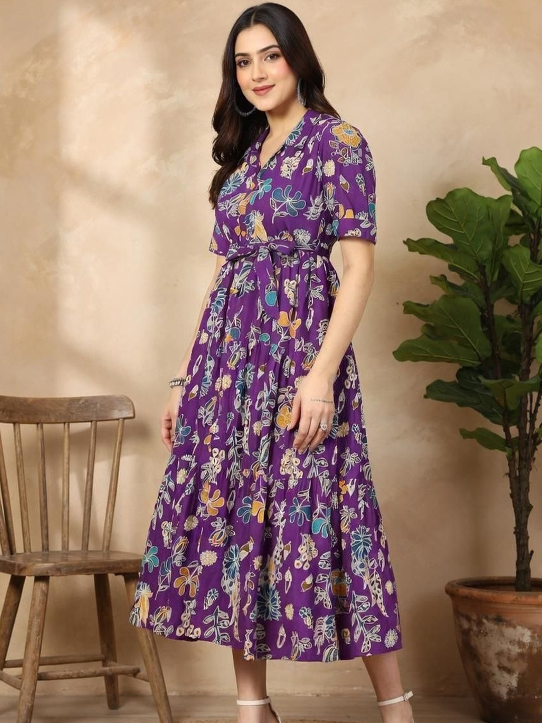 Sangria Printed Shirt Collar A-Line Midi Dresses