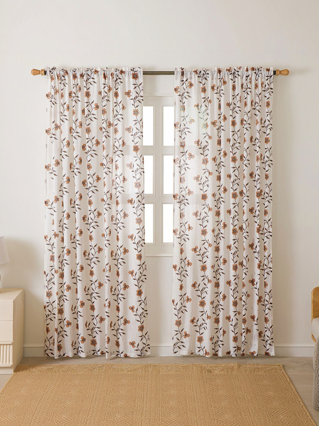 HOMEMONDE White Set of 2 Floral Room Darkening Door Curtain