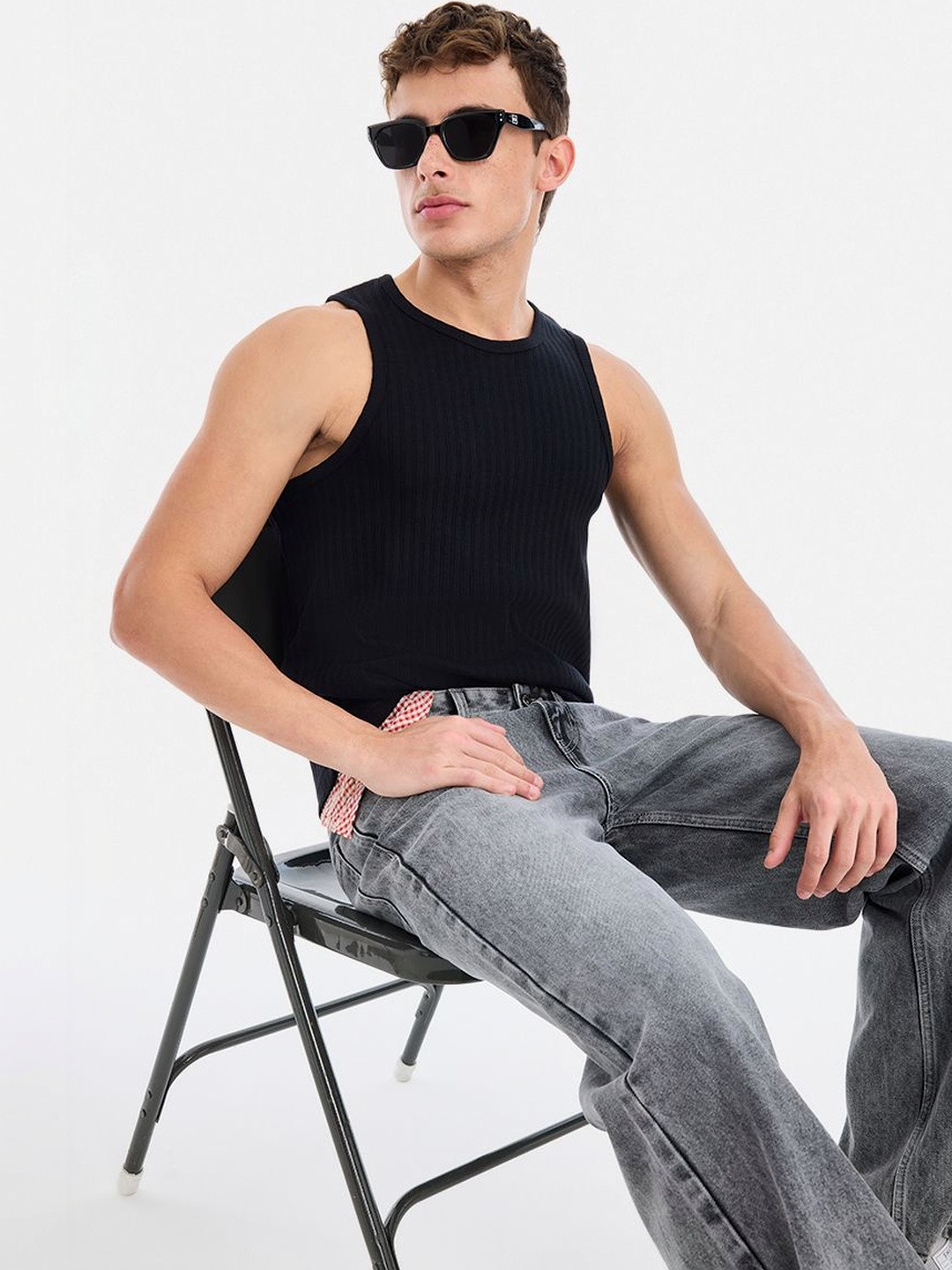 Snitch Abstract Cotton Round Neck Sleeveless Slim Fit T-shirt
