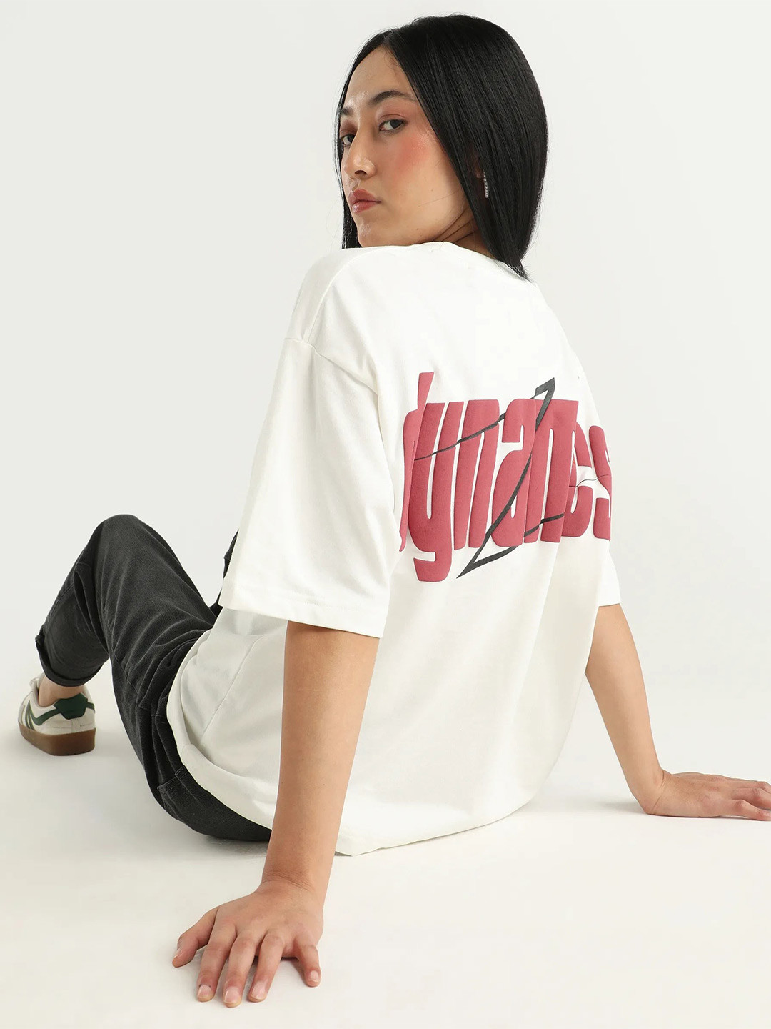 RAREISM Women Off White Graphic Print Oversized Fit Half Sleeve Crew Neck T-Shirt