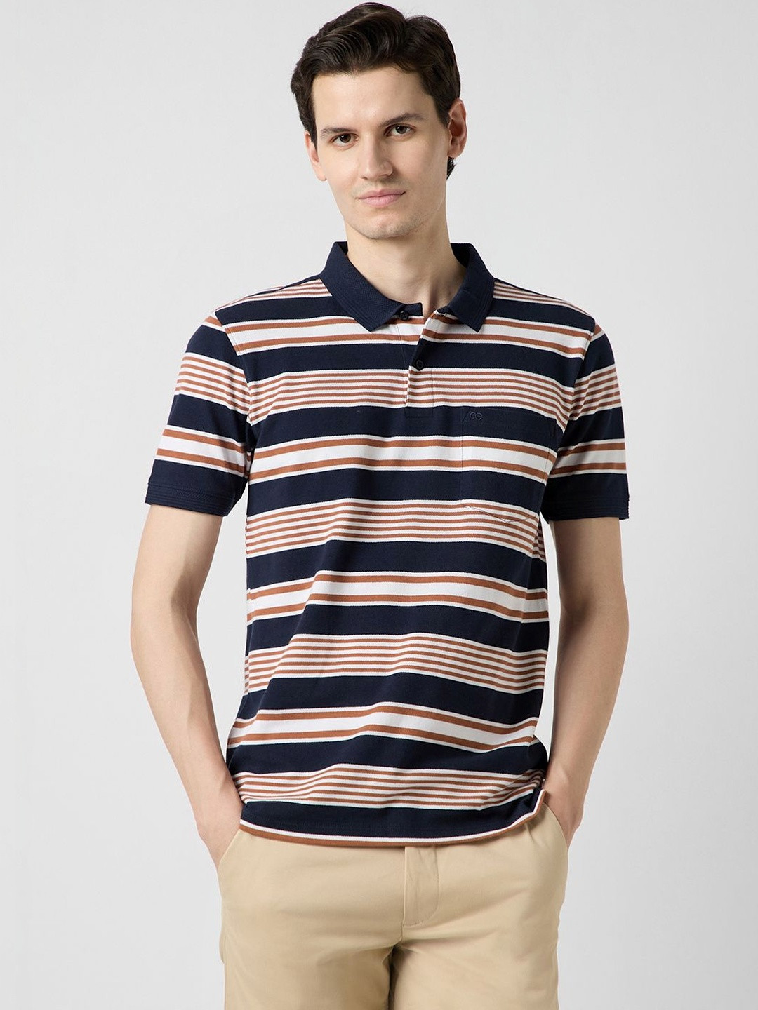 Peter England Casuals Men Striped Polo Collar Pockets T-shirt
