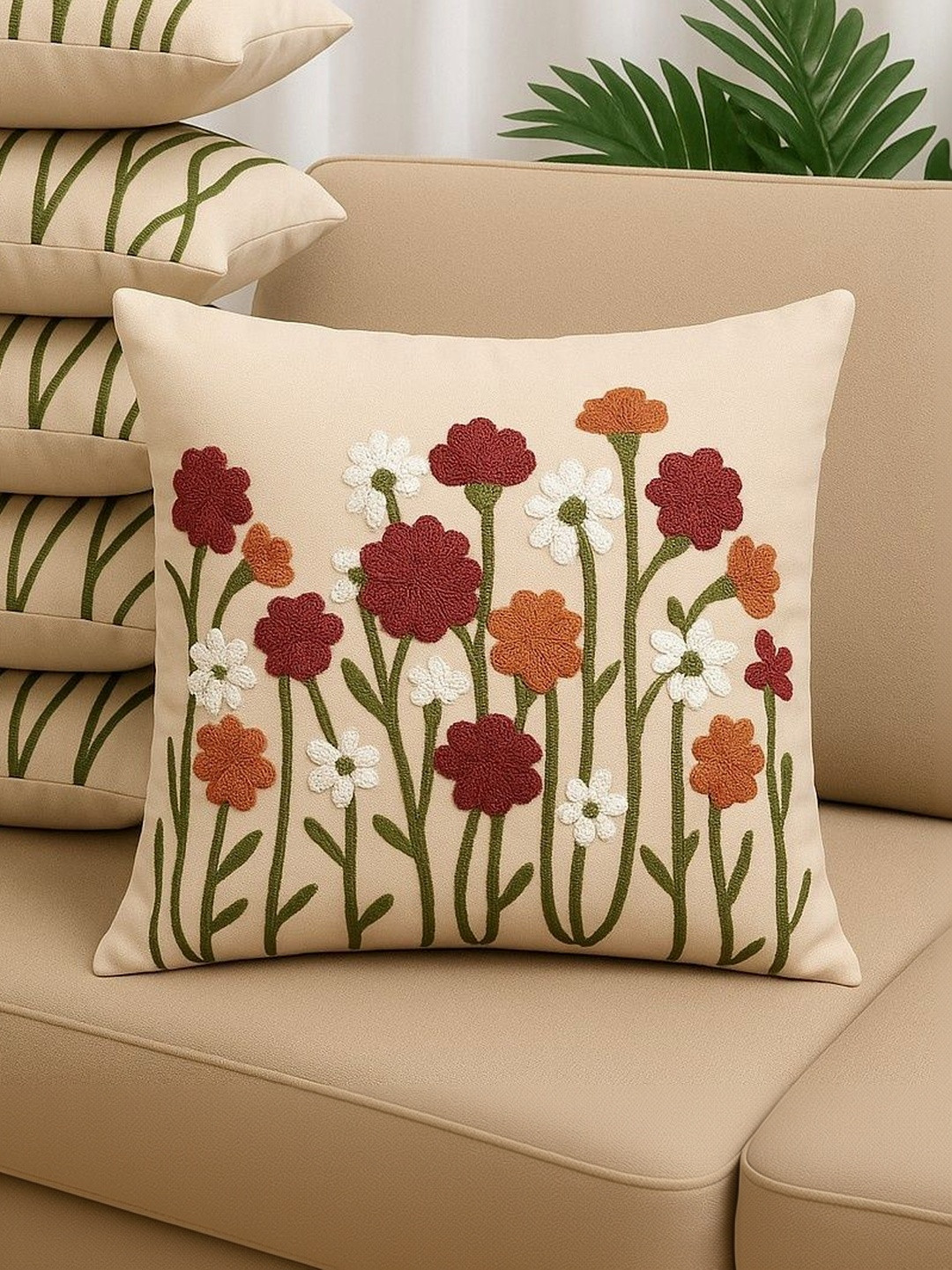 LOFEY Beige Set of 5 Floral Satin Square Cushion Covers