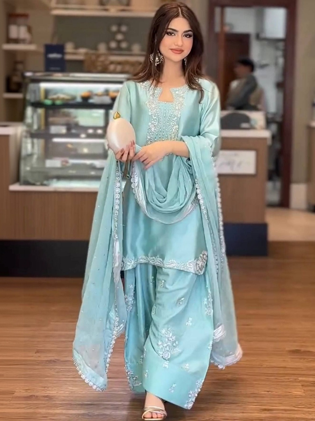 HERINK FASHION Women Ethnic Motifs Embroidered Thread Work Pure Silk Kurta with Palazzos & With Dupatta