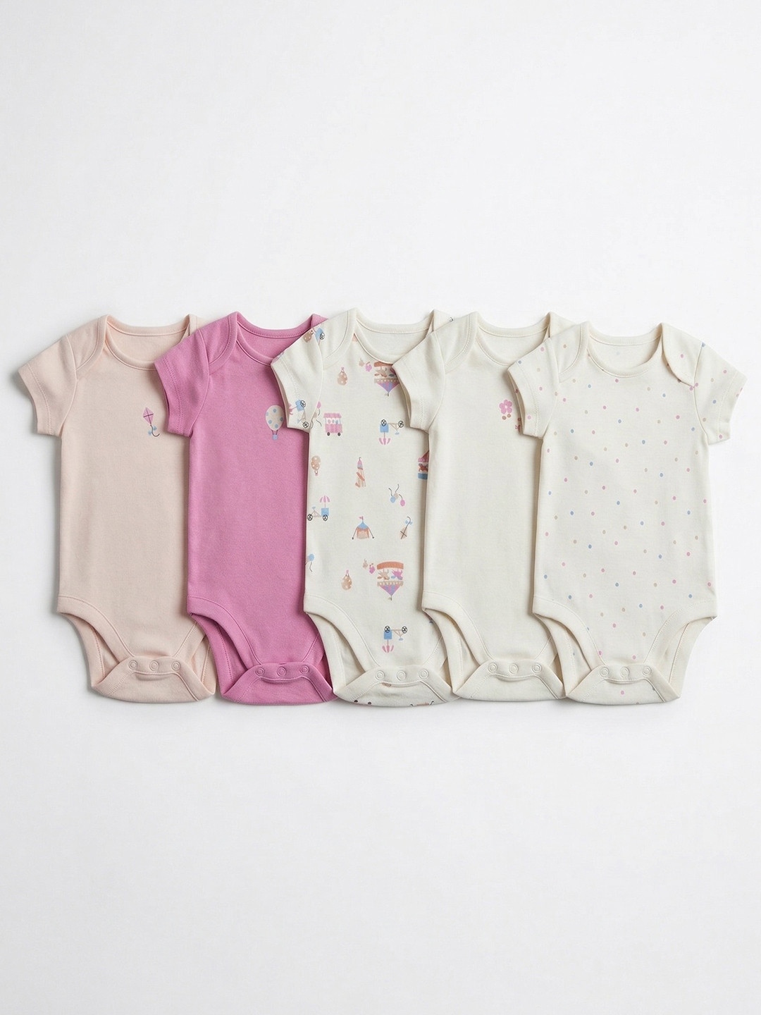 mothercare Girls Pack of 5 Printed Round Neck Bodysuit