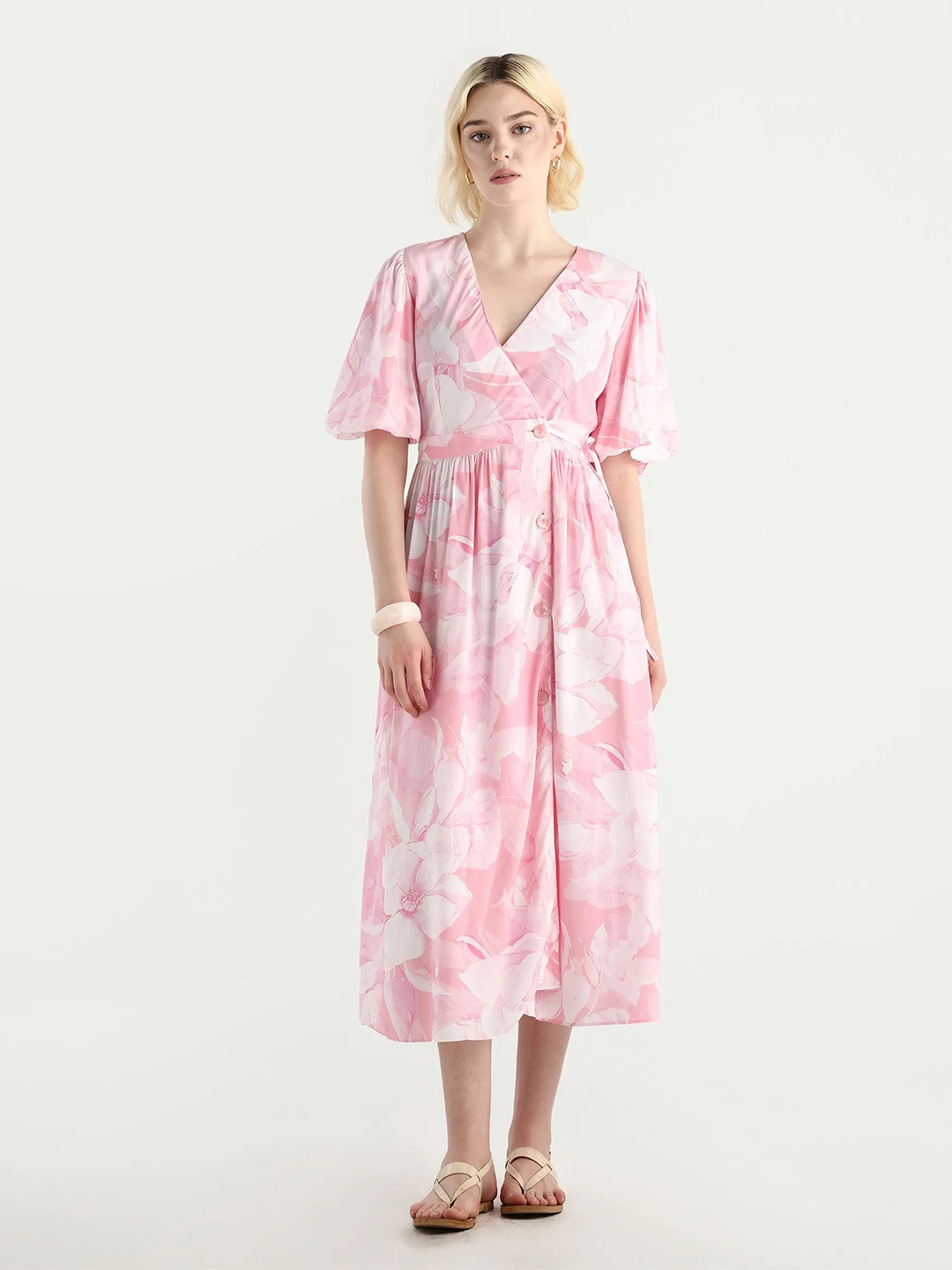 RAREISM Women Pink A-Line Fit Fit Balloon Sleeve V Neck Dress