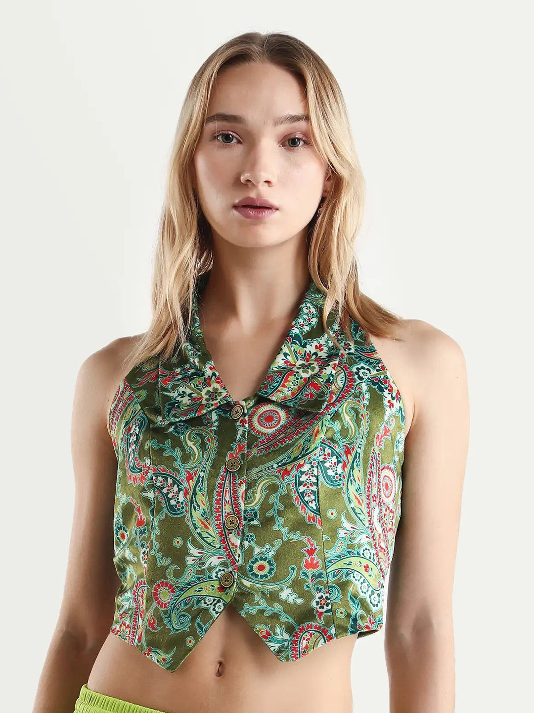 RAREISM Women Paisley Print Slim Fit Sleeveless Halter Neck Waist Coat