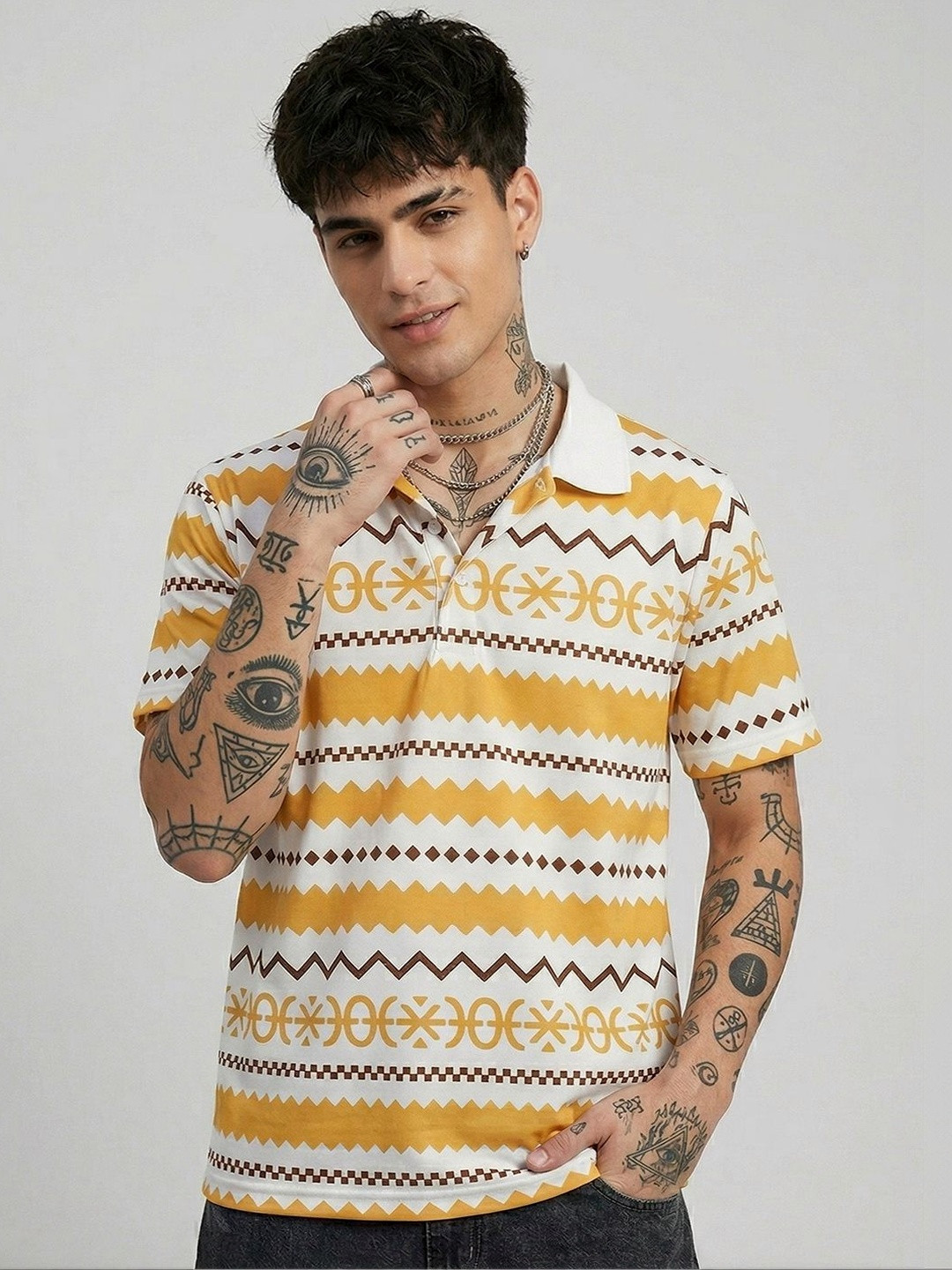 White and Yellow Abstract Polo Collar T-shirt