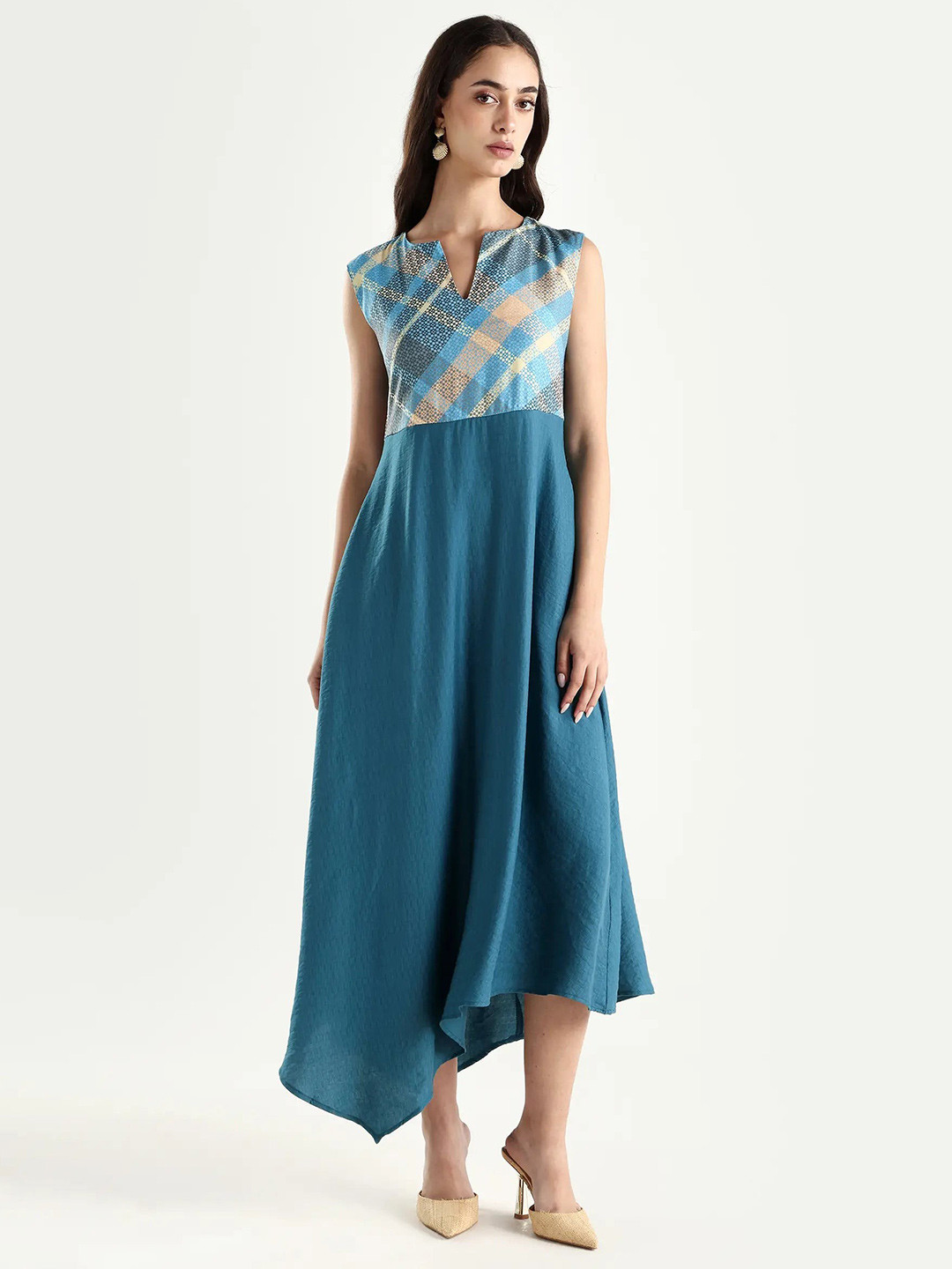 RAREISM Women Blue Fit And Flare Fit Round Neck Dress