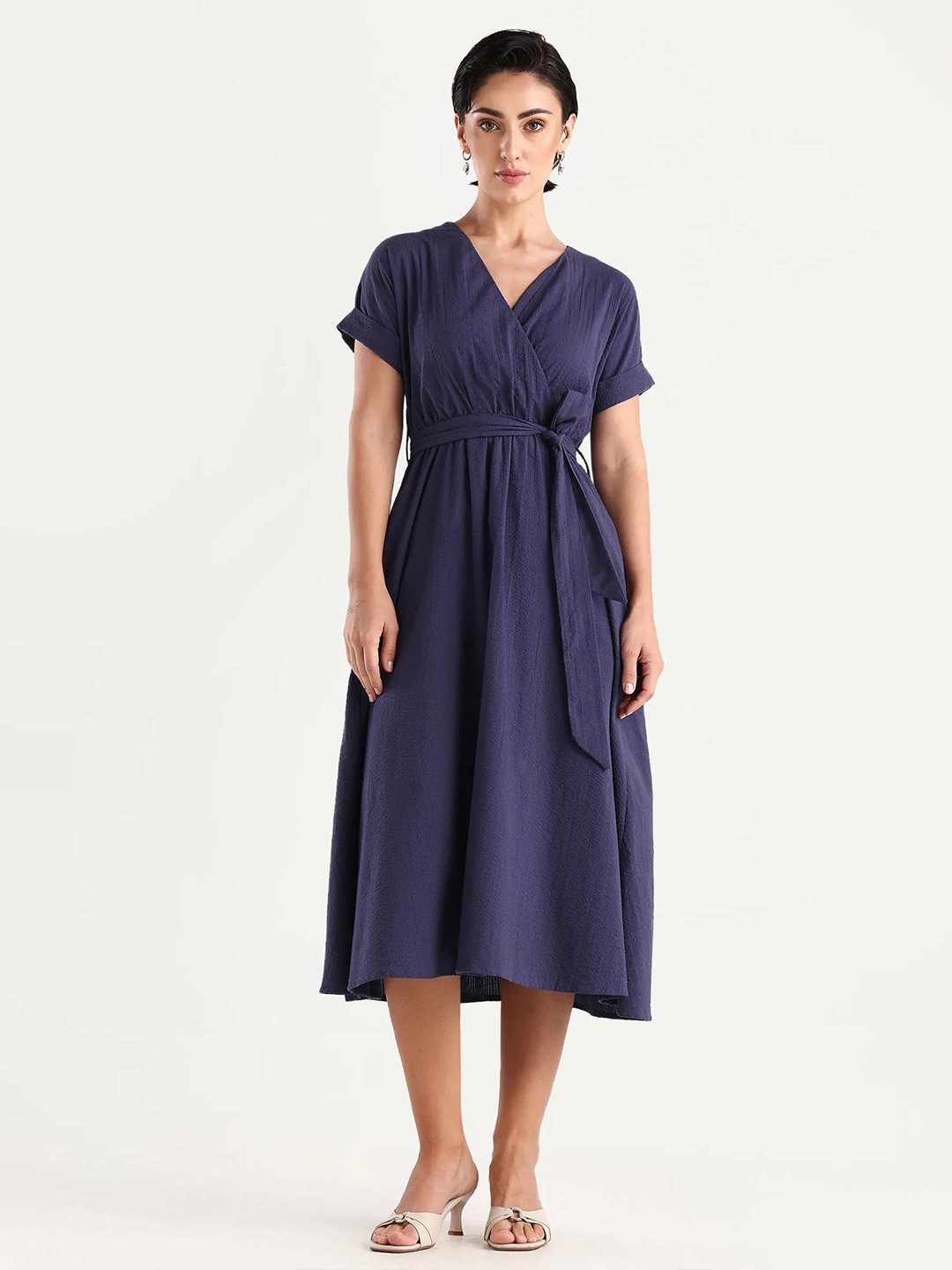 RAREISM Women Navy Fit And Flared Fit Extended Sleeve Overlap Neck Dress
