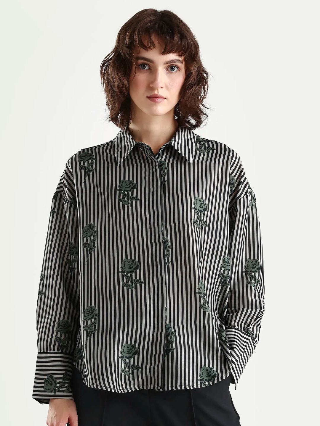 RAREISM Women Green Regular Striped Full Sleeve Spread Collar Shirt