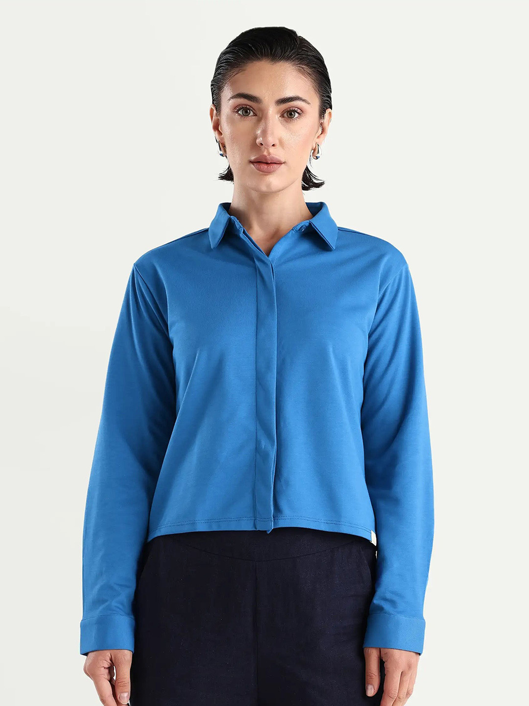 RAREISM Women Comfort Spread Collar Solid Cotton Formal Shirt