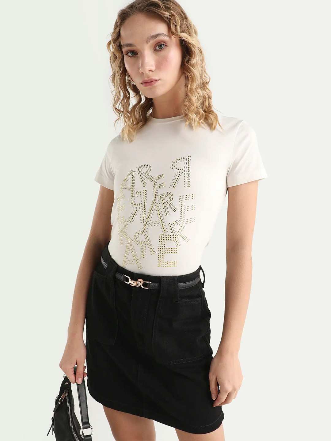 RAREISM Women High Neck Extended Sleeves Pockets T-shirt