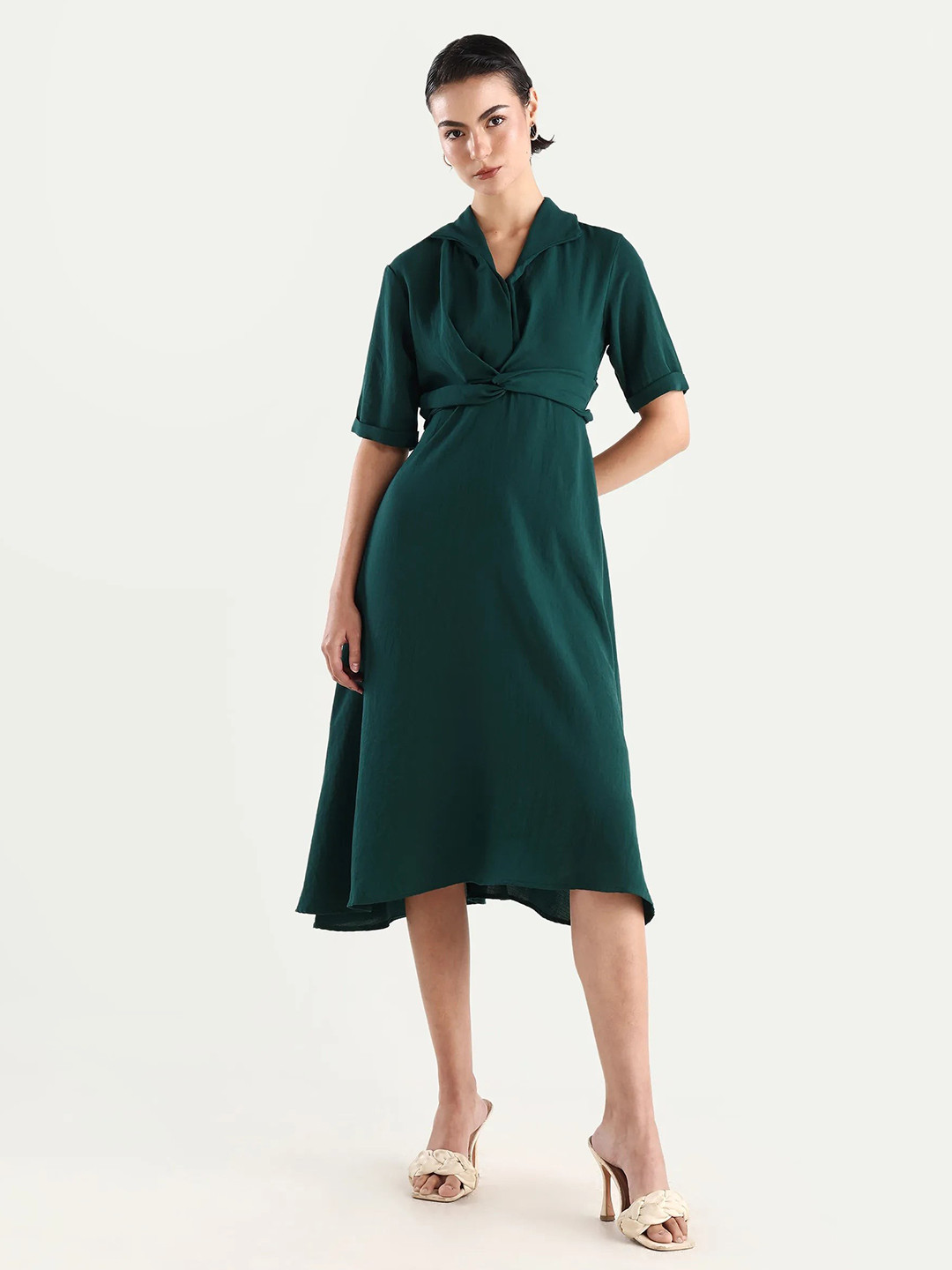 RAREISM Women Green Flared Fit Fit Bell Sleeve Cowl Neck Dress