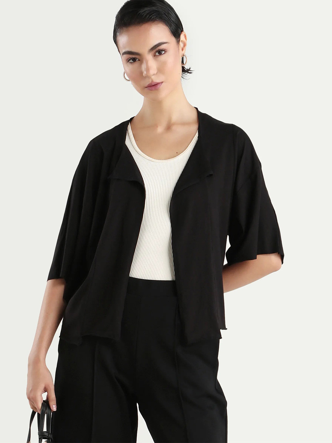 RAREISM Women Black Plain Relaxed Fit 3/4Th Sleeve Collarless Shrug