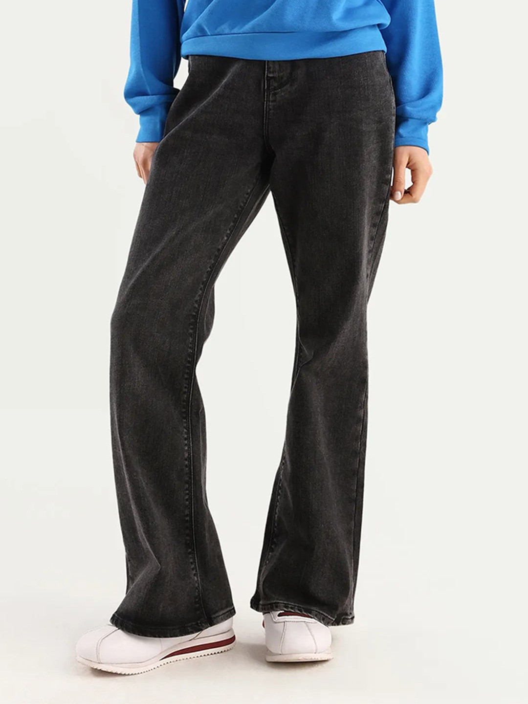 RAREISM Women Black Plain Bootcut Fit Mid Rise Jeans