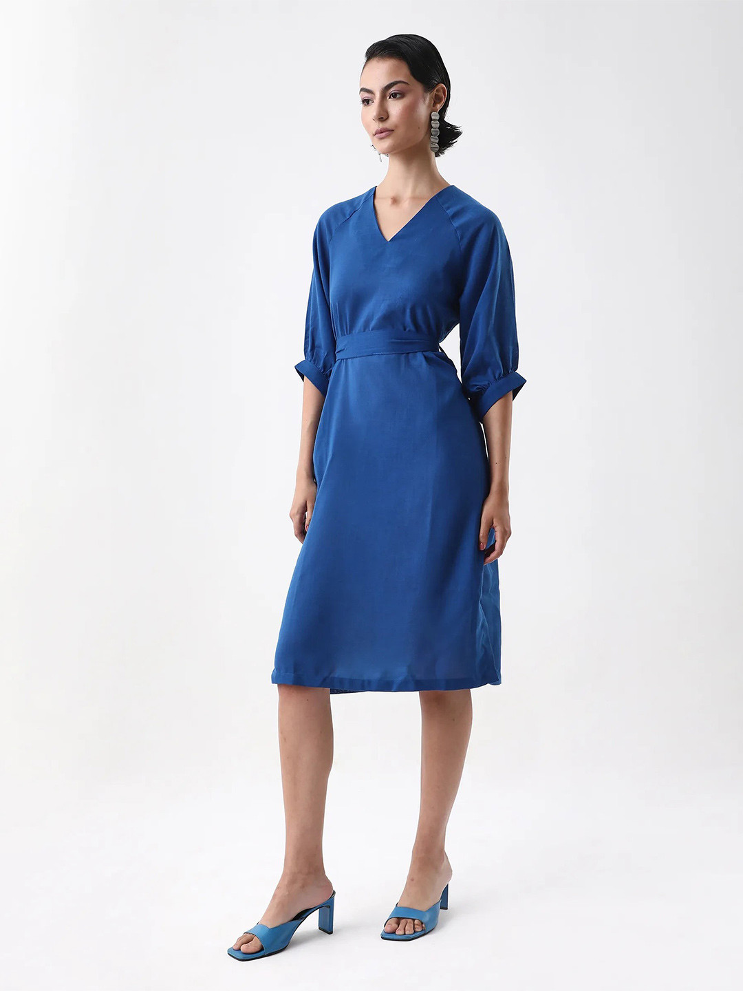 RAREISM Women Blue A-Line Fit Bishop Sleeve V-Neck Dress