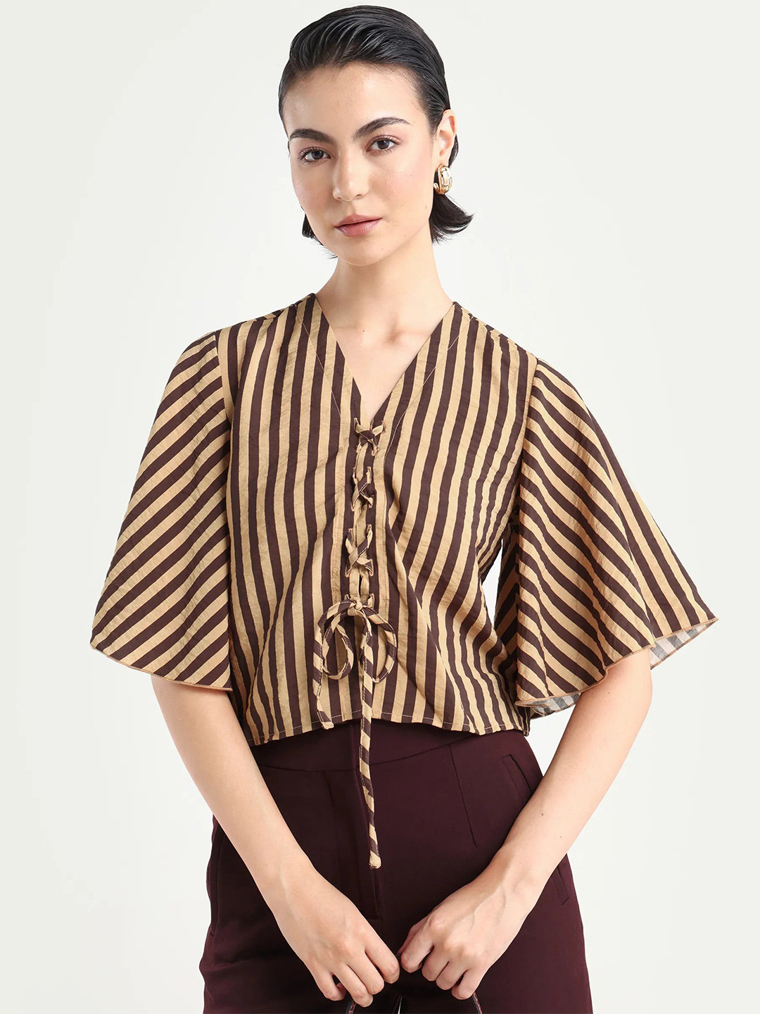 RAREISM Striped V-Neck Flared Sleeve Top