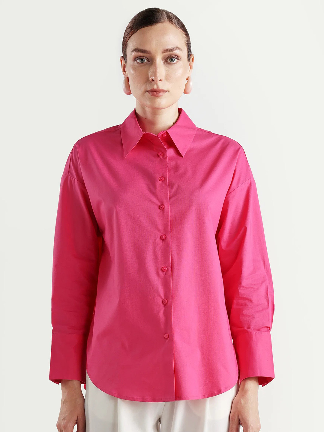 RAREISM Women Pink Boxy Plain Full Sleeve Spread Collar Shirt