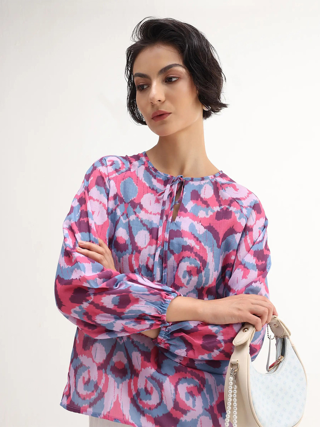 RAREISM Portia Abstract Printed Tie-up Neck Top