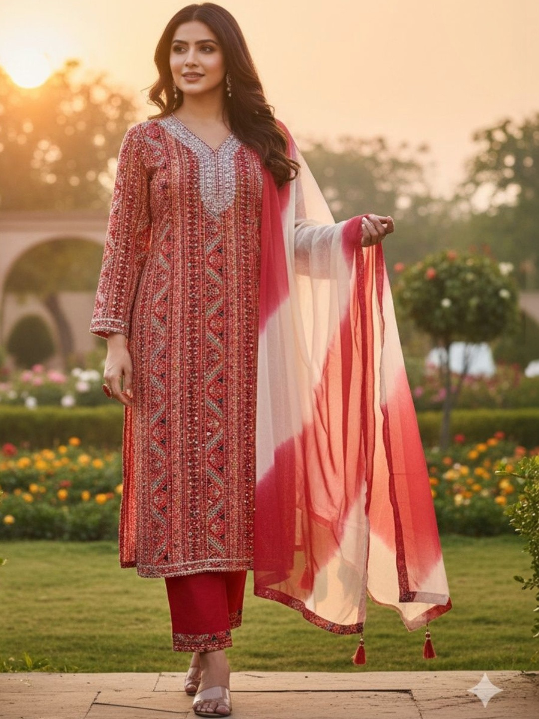 ESHMYRA Women Red Rayon Kurta Set with Dupatta