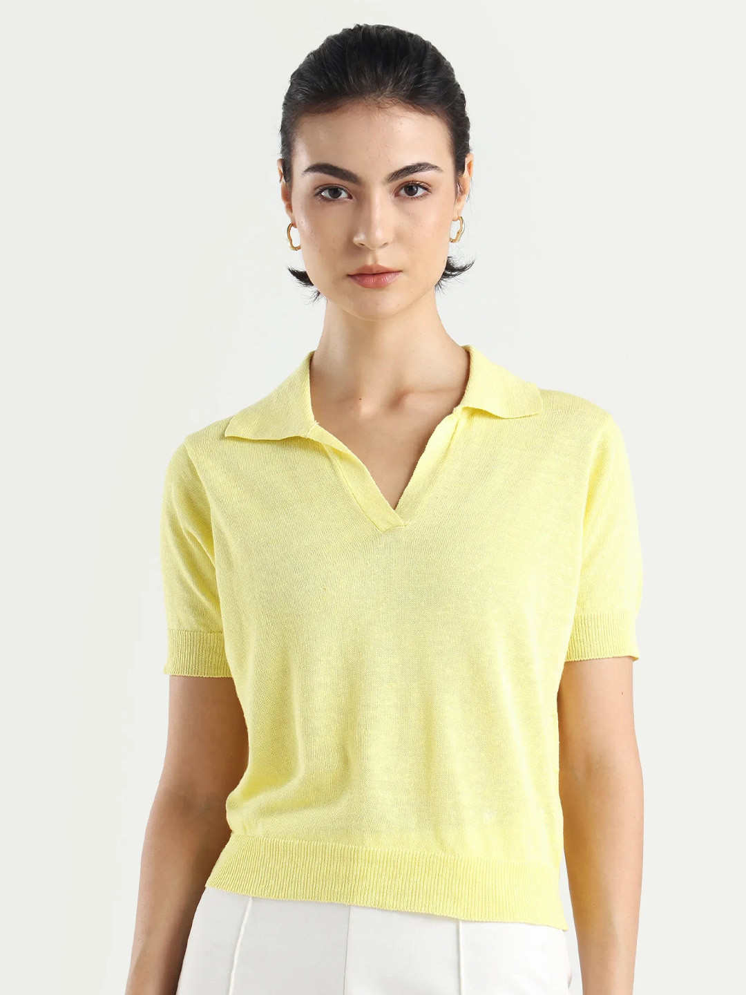 RAREISM Women Plain Spread Collar Regular Sleeve Linen Blend Regular Fit Polo T-Shirt