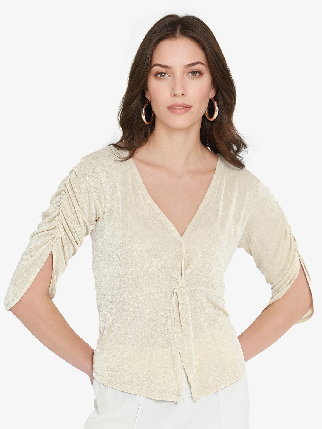 RAREISM Beige Ruched Sleeve V-Neck Top