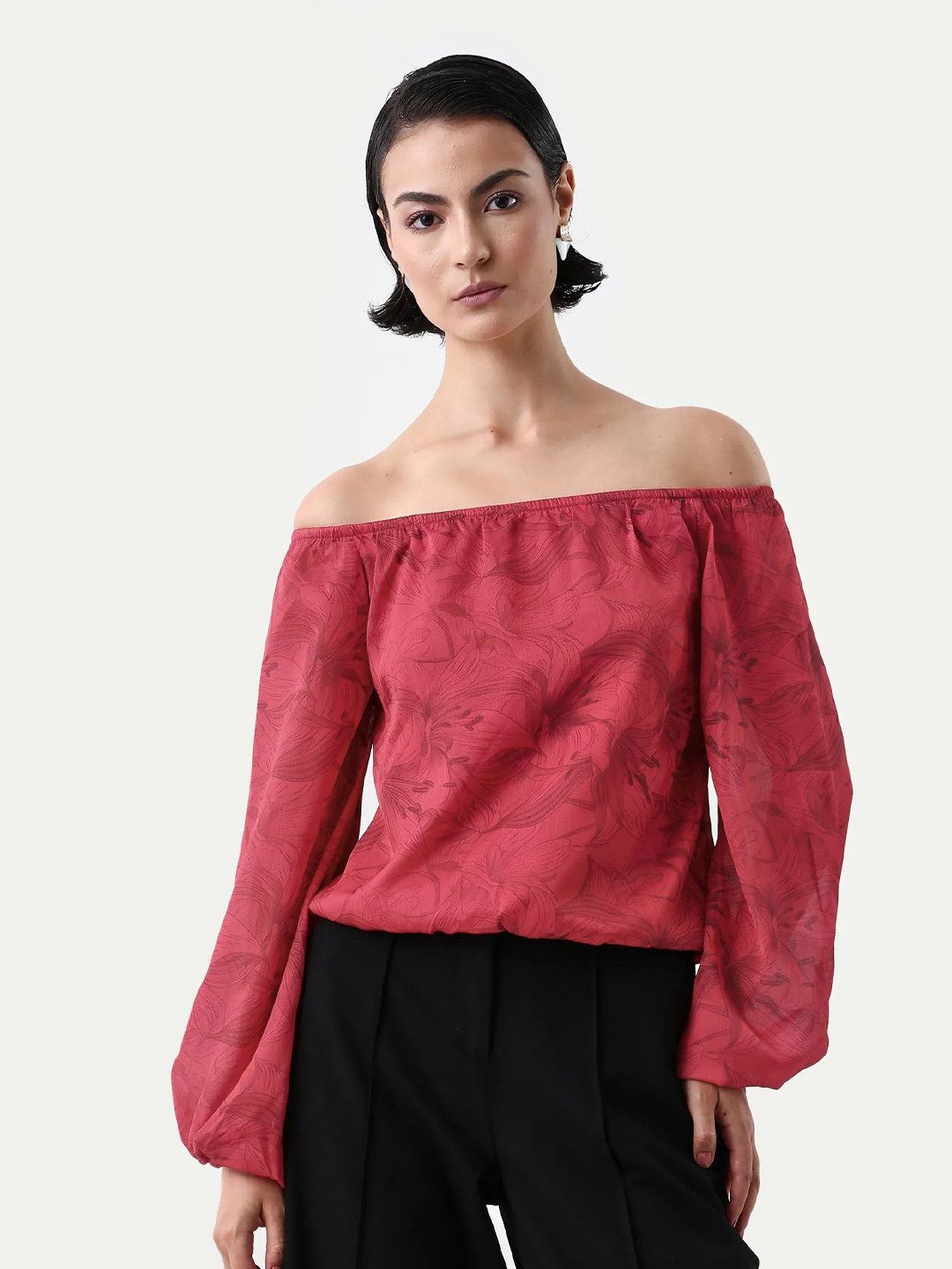 RAREISM Women Red Floral Printed Off Shoulder Neck Top