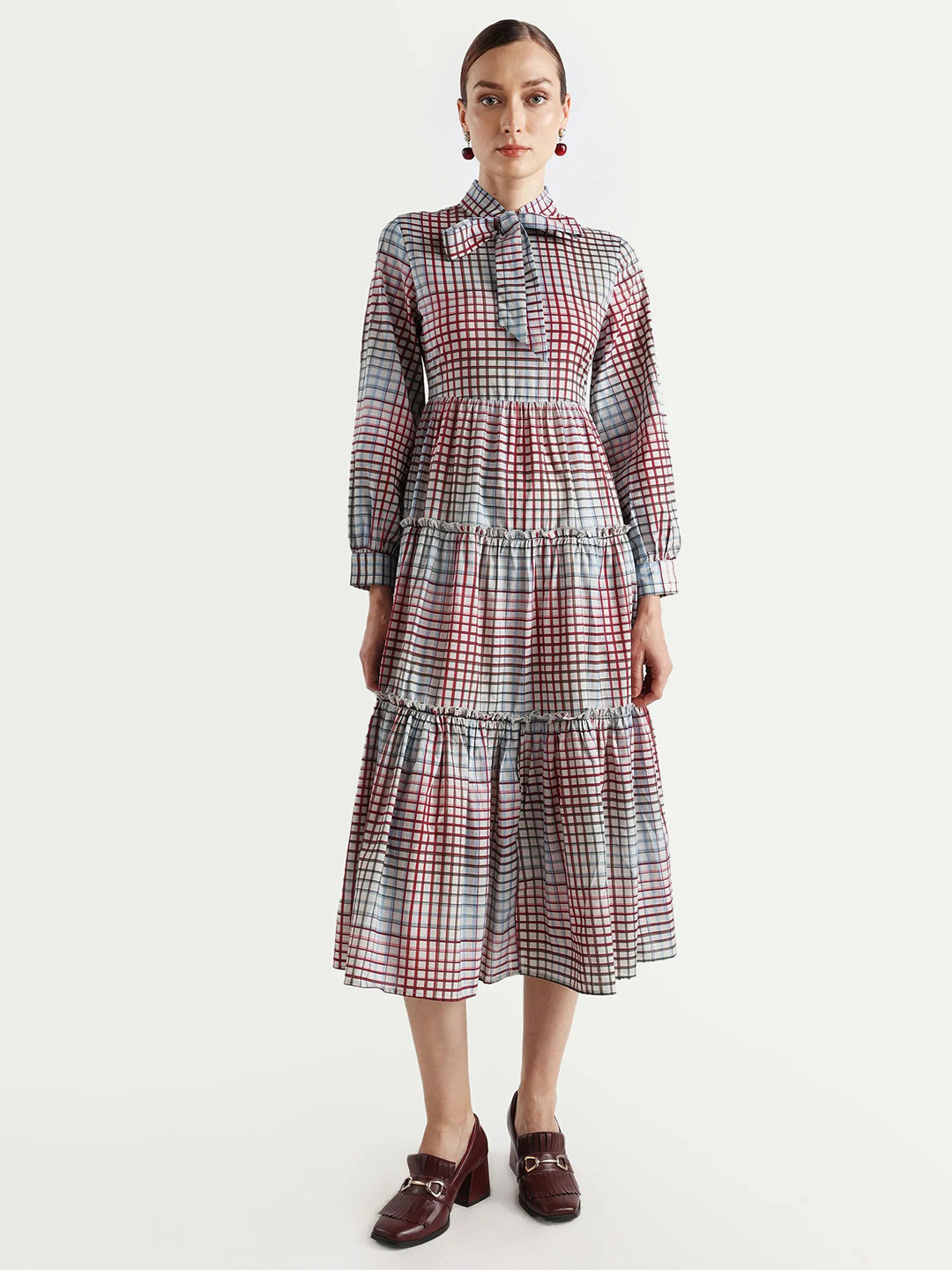 RAREISM Women Multi Fit And Flare Fit Bishop Sleeve Tie Up Neck Dress