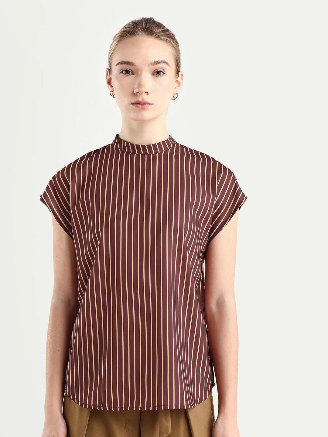 RAREISM Purple Vertical Striped Round Neck Top
