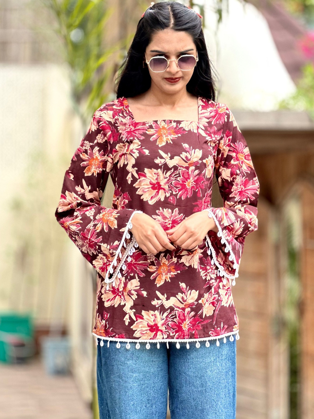 Deeps Fashion Floral Printed Square Neck Flared Sleeves Pure Cotton Kurti