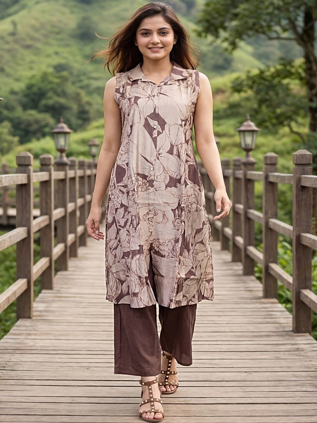 Tansi Women Printed Sleeveless Tunic with Wide Leg Palazzos Co-Ord Set