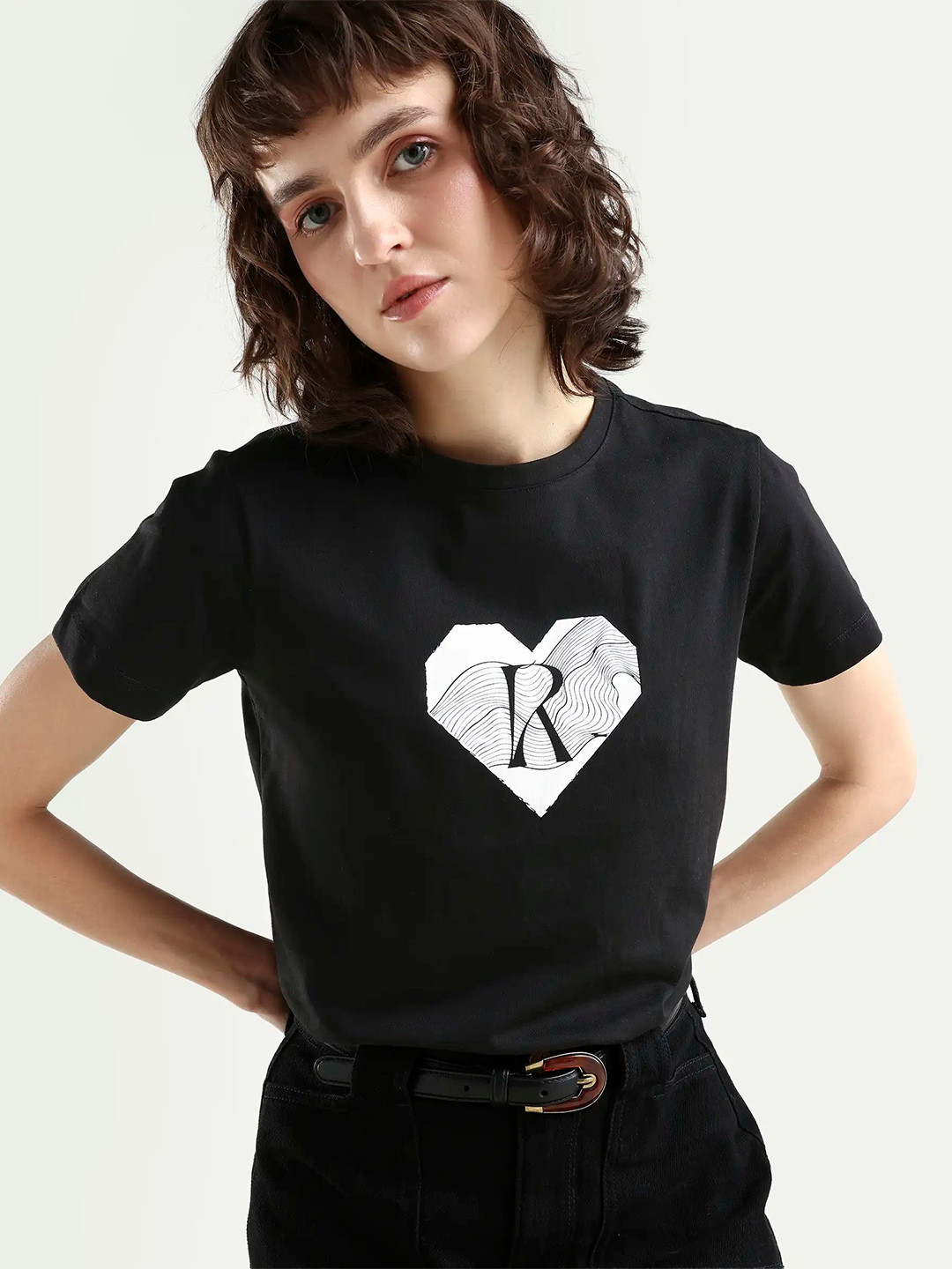 RAREISM Women Black Graphic Print Regular Fit Half Sleeve Crew Neck T-Shirt