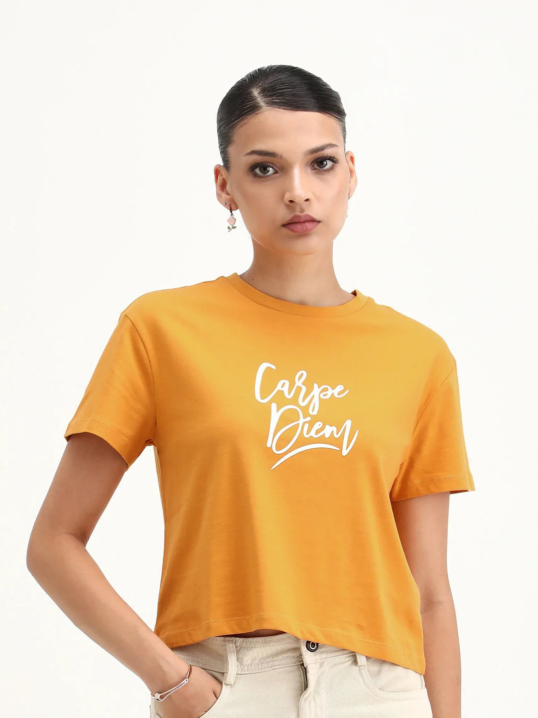 RAREISM Women Mustard Typography Print Regular Fit Half Sleeve Crew Neck T-Shirt