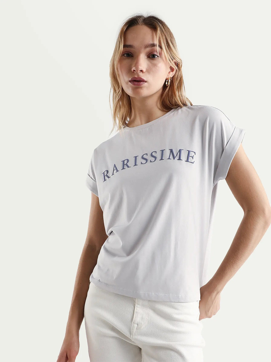 RAREISM Women Grey Graphic Print Regular Fit Half Sleeve Crew Neck T-Shirt