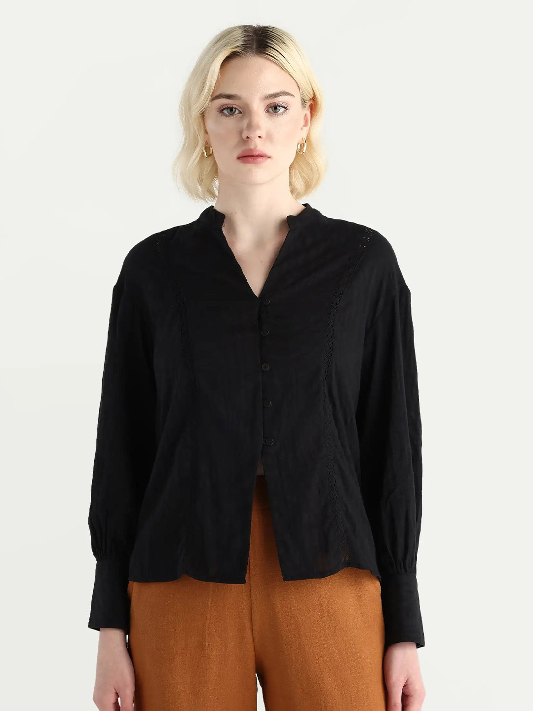 RAREISM Janmax Primary Black Mandarin Collar Top