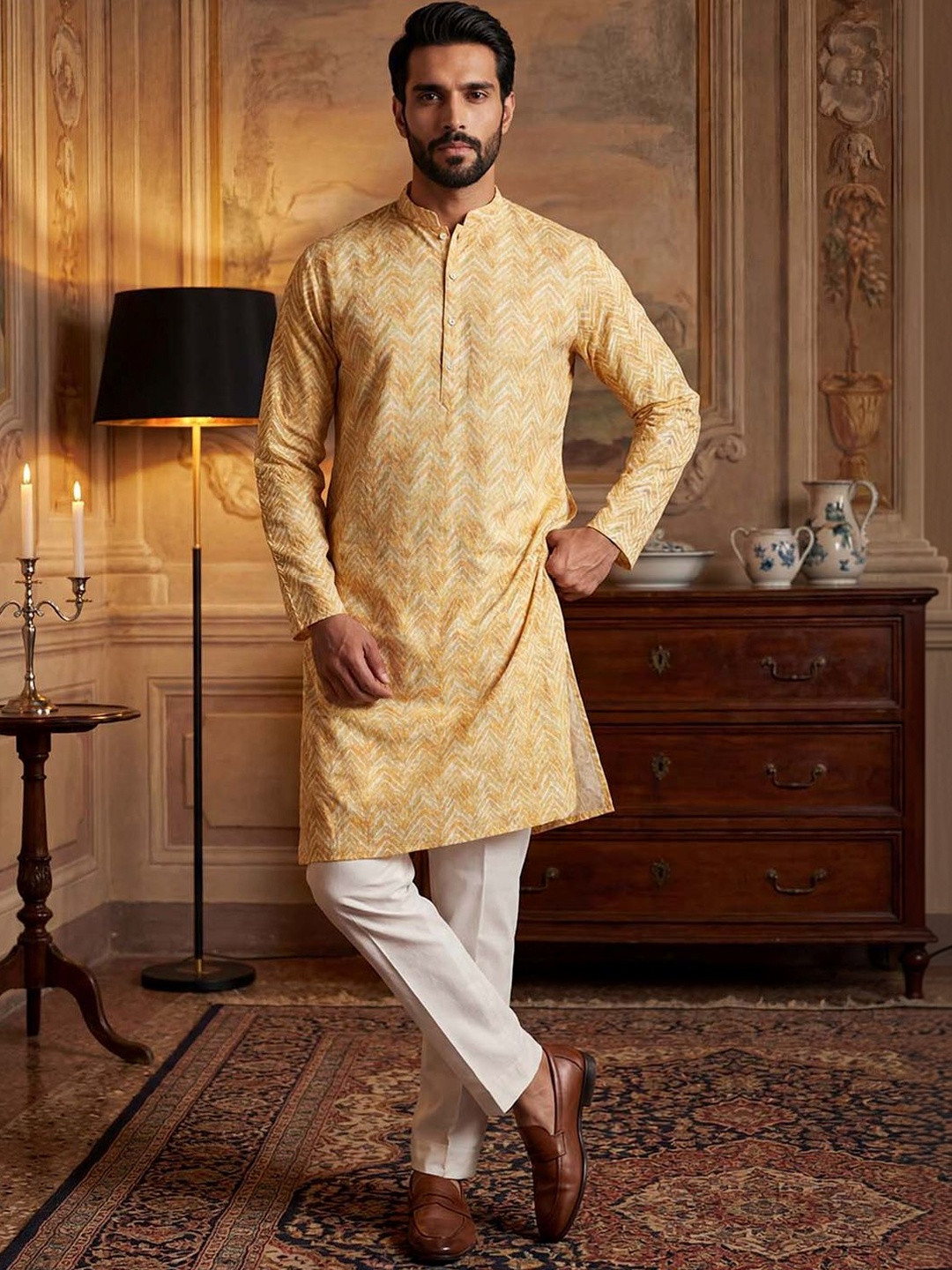 House of Pataudi Embroidered Mandarin Collar Calf Length Straight Kurta
