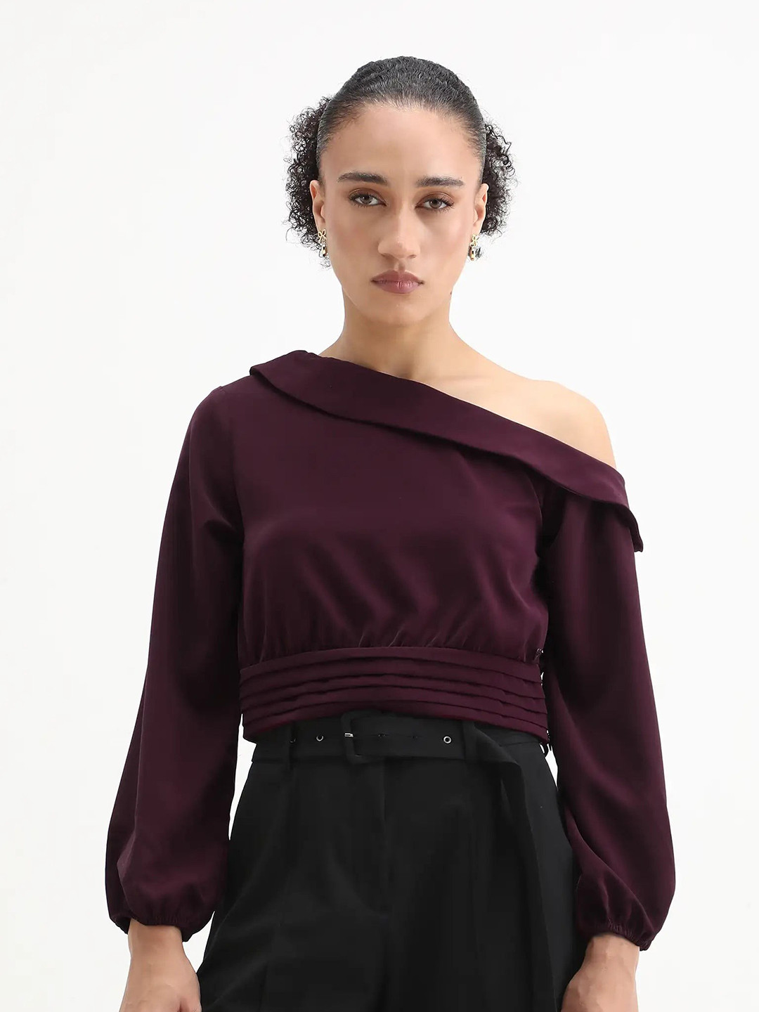 RAREISM Women Red Solid One Shoulder Crop Top