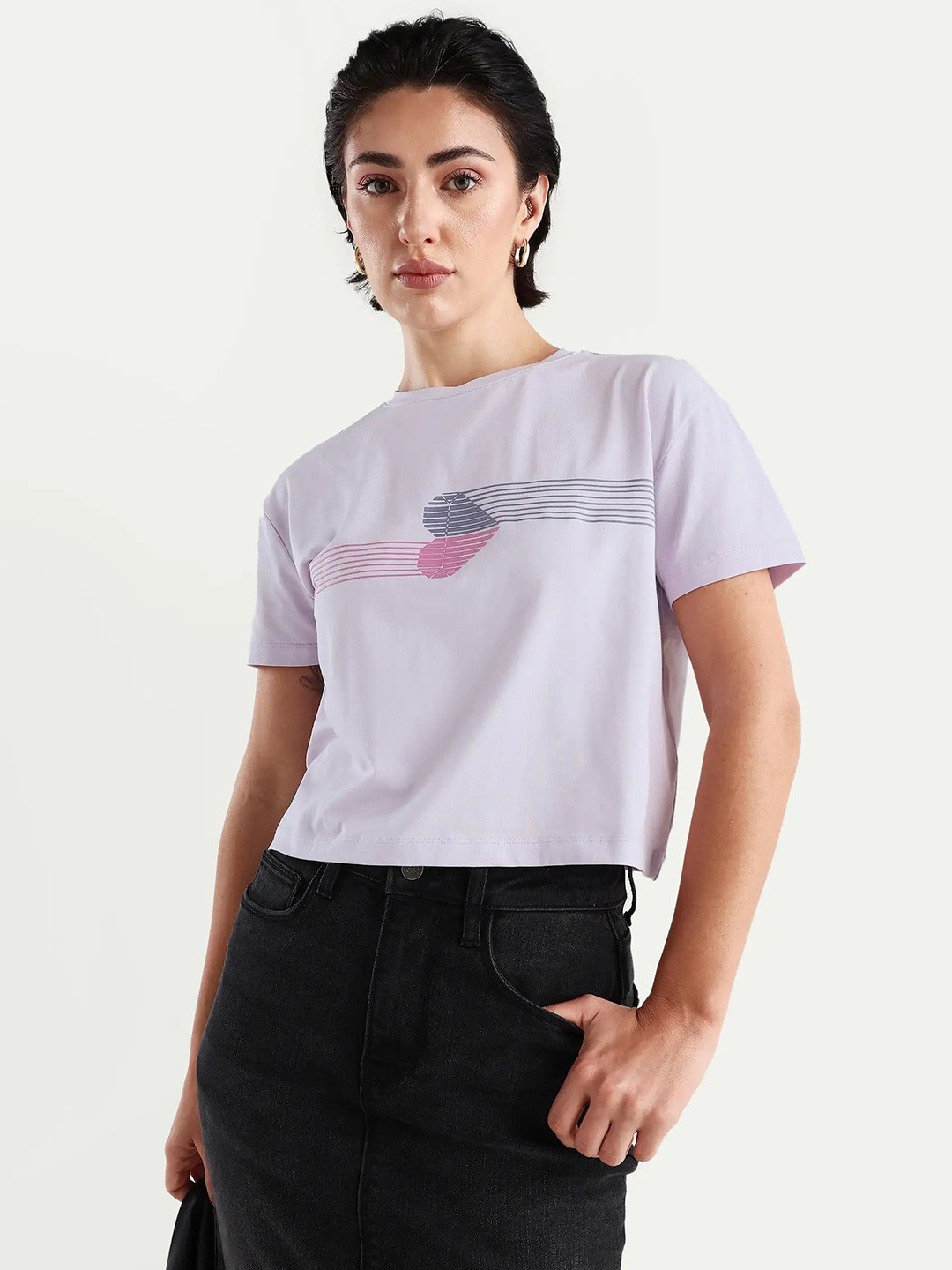 RAREISM Women Purple Graphic Print Regular Fit Half Sleeve Crew Neck T-Shirt