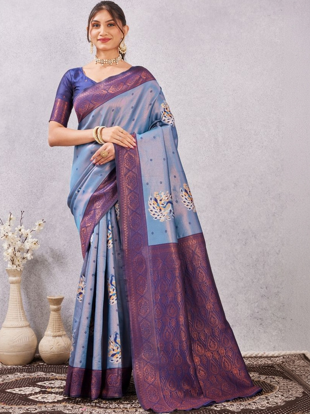 Mitera Ethnic Motifs Woven Design Zari Silk Cotton Banarasi Saree
