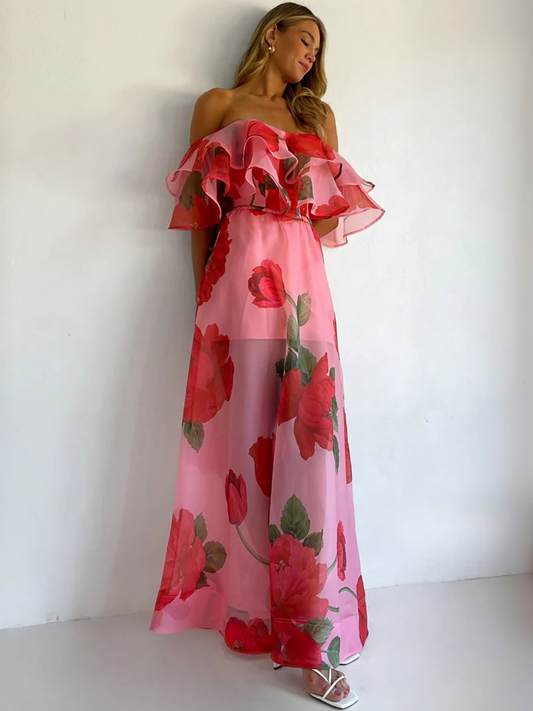 JC Mode Floral Print Off-Shoulder Flutter Sleeve Ruffled Maxi Dress