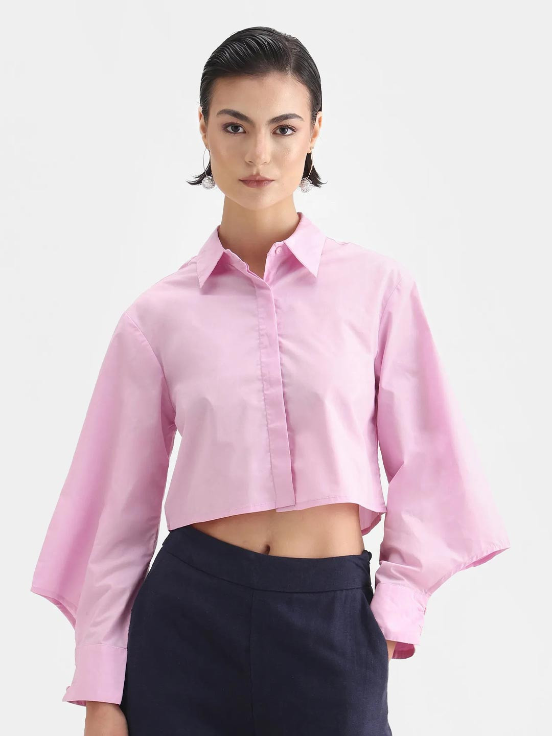 RAREISM Solid Shirt Style Crop Top