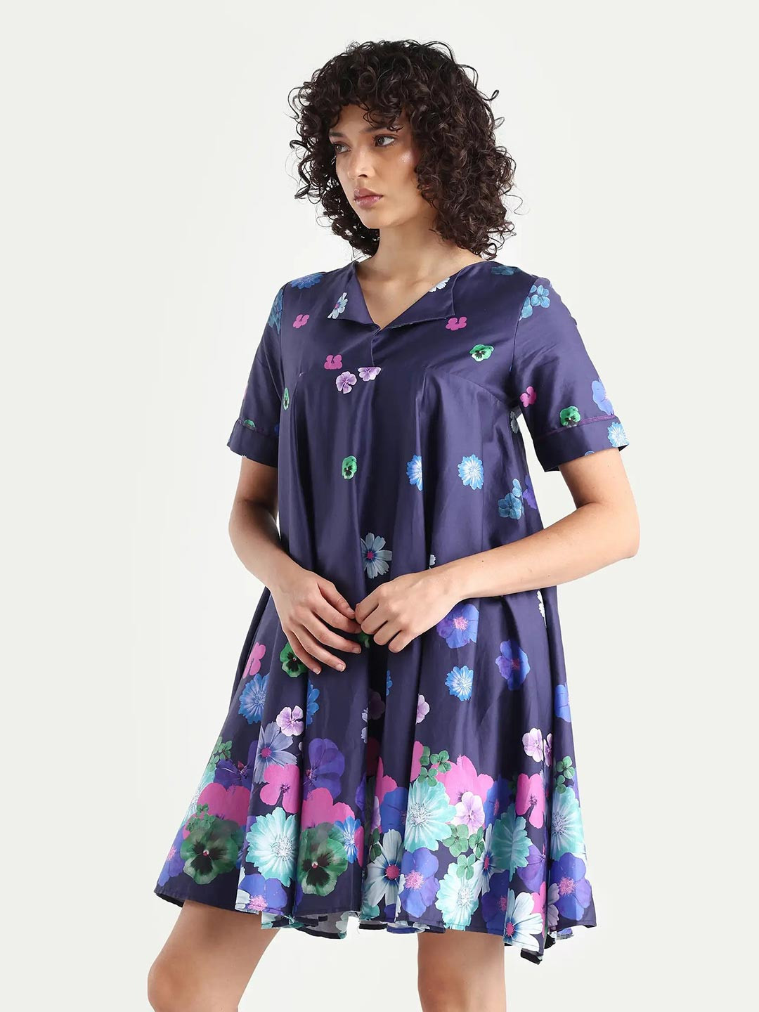 RAREISM Women Blue Flared Fit Regular Sleeve Lapel Neck Dress