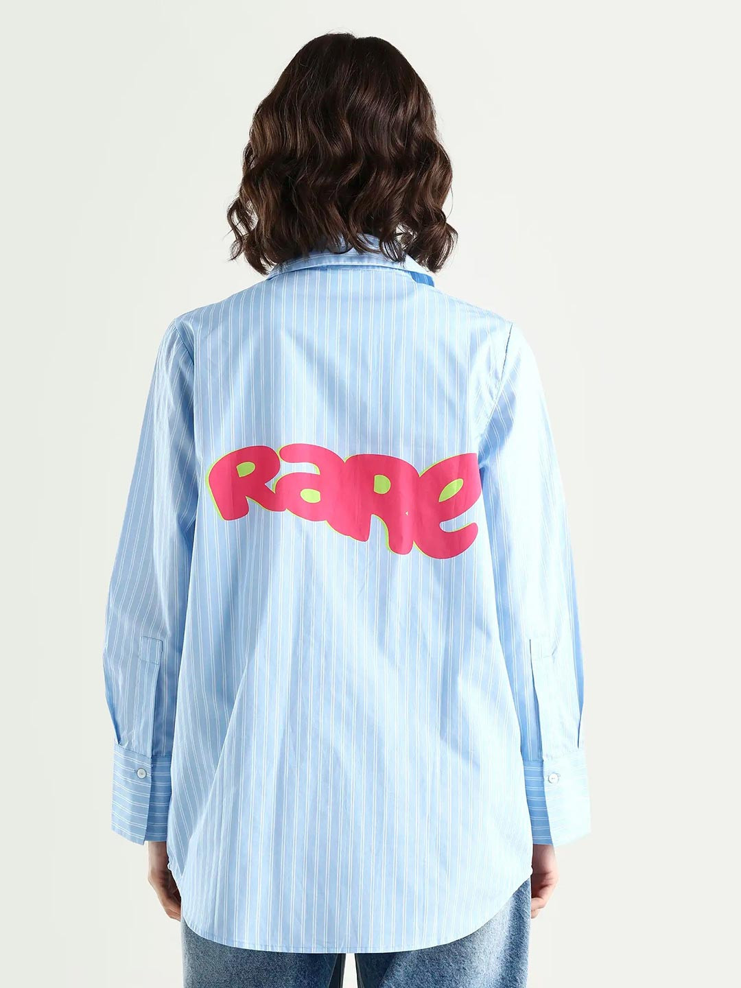 RAREISM Women Vertical Striped Shirt Collar Longline Top
