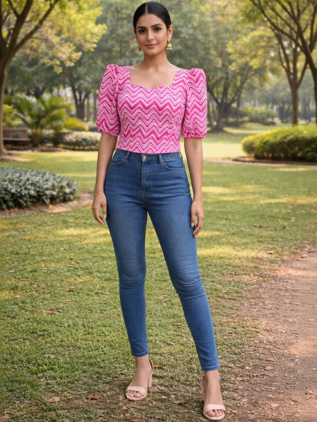 UNFAKENOW Print Sweetheart Neck Puff Sleeve Cotton Blend Crop Top