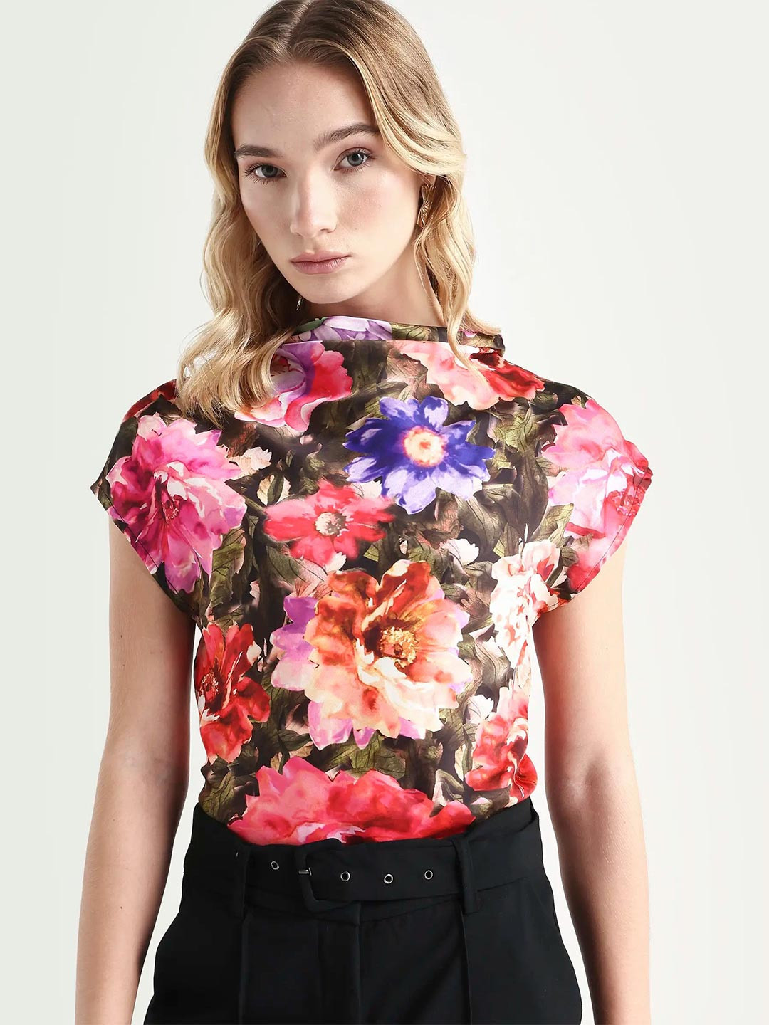 RAREISM Floral Printed Cowl Neck Extended Sleeves Top